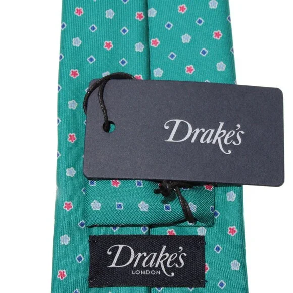 Drake's NWT Neck Tie in Teal Green with Red & Blue Geometric Pattern 100% Silk